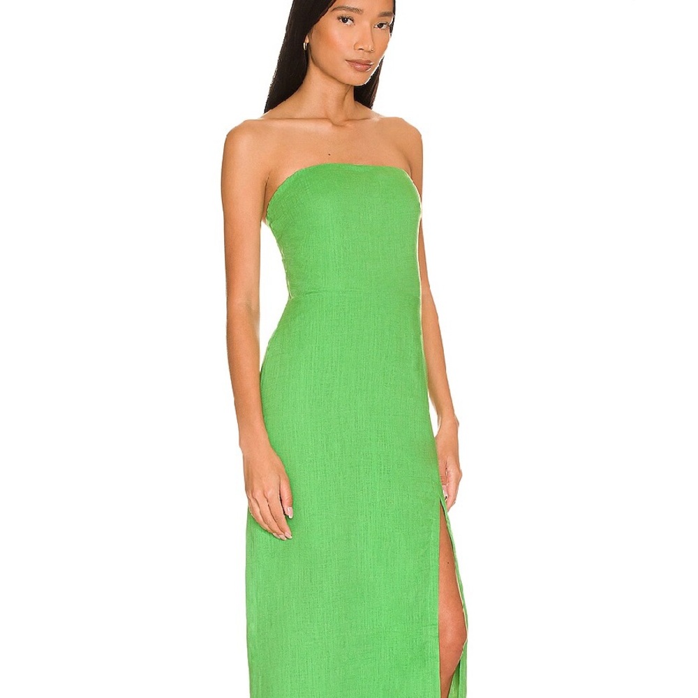 SNDYS. SERENA FLOWY MIDI LINEN STRAPLESS DRESS SMOCKED BACK PANEL SIDE-SLIT NWT - Picture 2 of 11